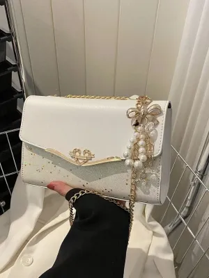 Faux Bow Pearl Decor Star Flap Chain Square Bag